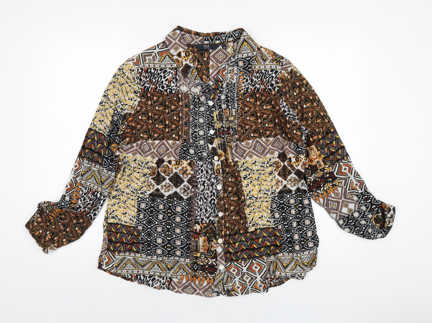EWM Womens Multicoloured Geometric Cotton Basic Button-Up Size 16 Collared