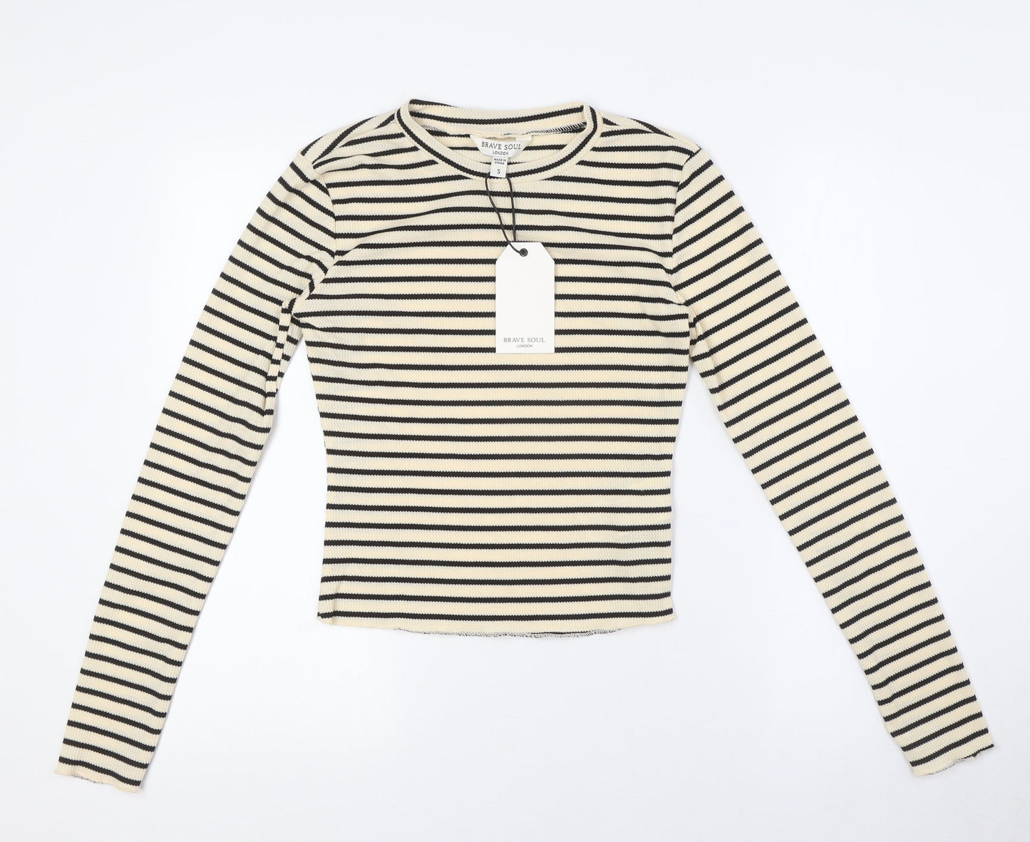 Brave Soul Womens Beige Striped Polyester Basic Button-Up Size S Crew Neck