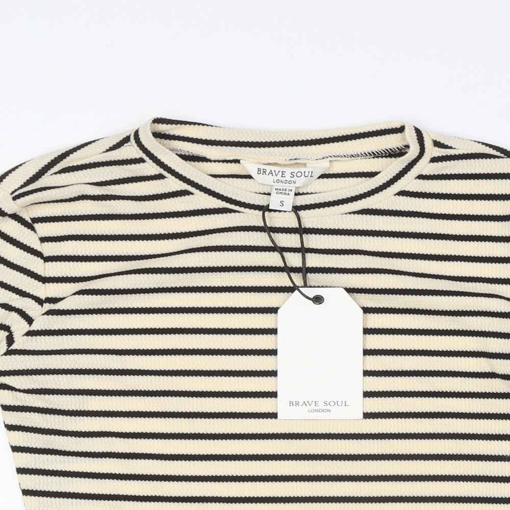 Brave Soul Womens Beige Striped Polyester Basic Button-Up Size S Crew Neck