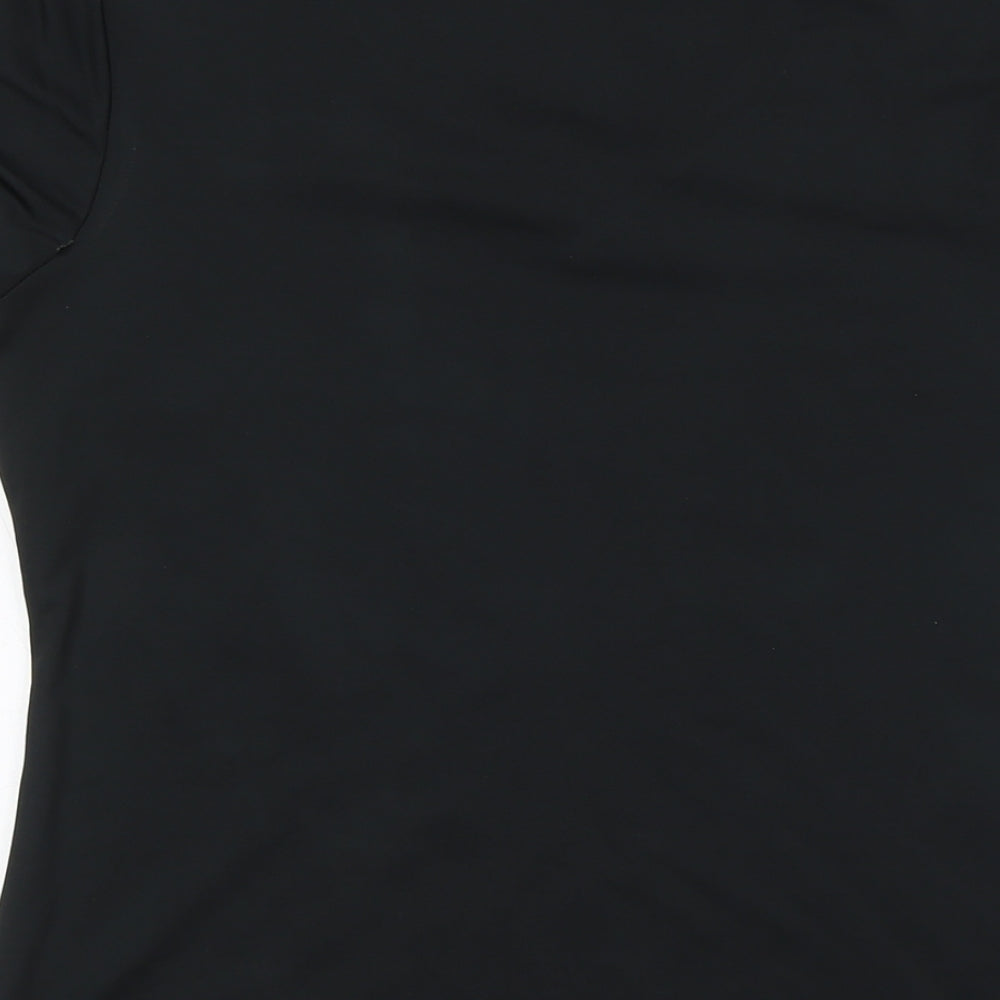 Brand and care label for 90 Degree women’s black polyester basic t-shirt, size L, v-neck