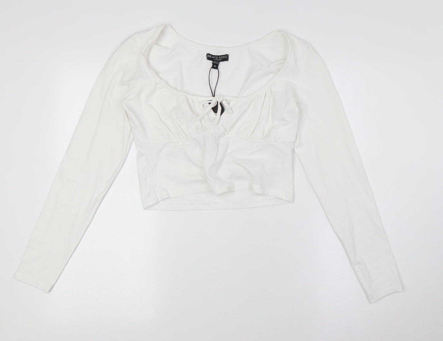 Brave Soul Womens White Cotton Cropped Button-Up Size M Scoop Neck