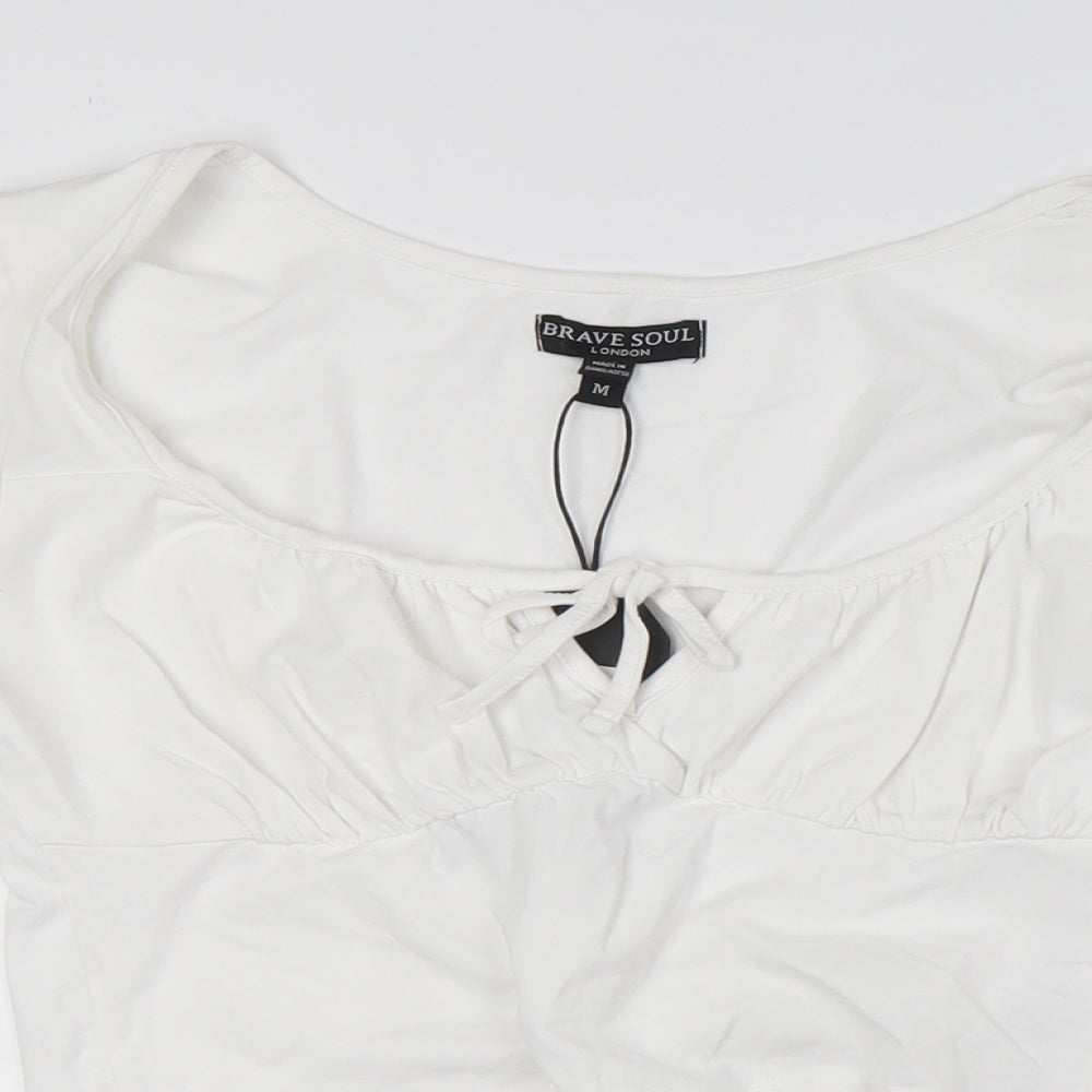 Brave Soul Womens White Cotton Cropped Button-Up Size M Scoop Neck