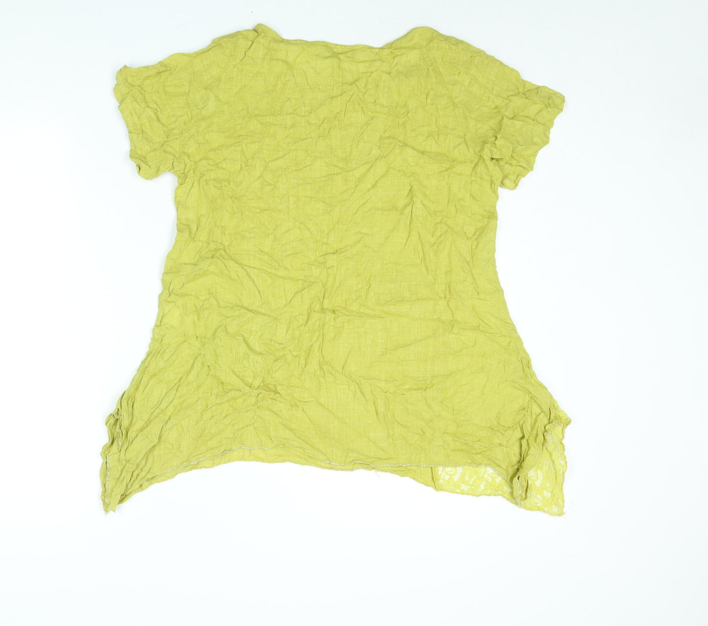 Klass Womens Yellow Linen Basic Blouse Size 10 Round Neck - Flower Lace Detail