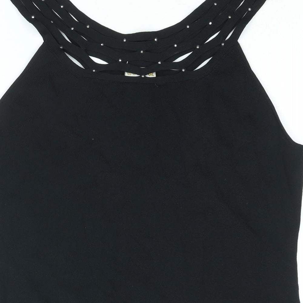 Brand and care label for Roman women’s black round neck viscose vest jumper, size M, - rhinestone detail
