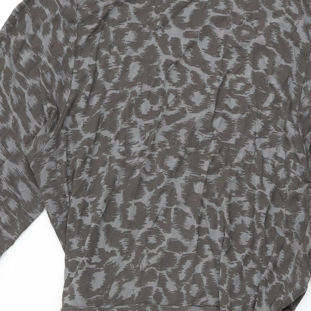 Brand and care label for ELLE women’s grey animal print viscose wrap dress, size UK 16, v-neck tie