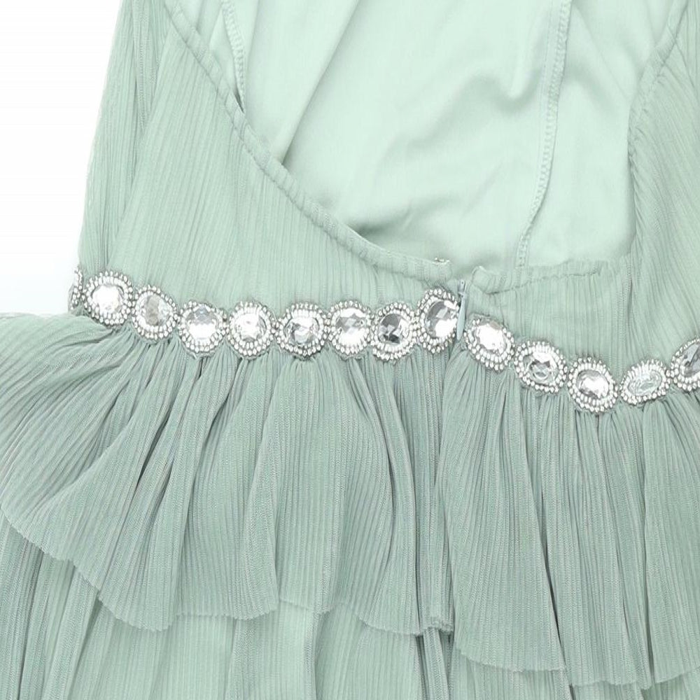 Brand and care label for ASOS women’s green polyester shift, size UK 14, halter button - rhinestone detail
