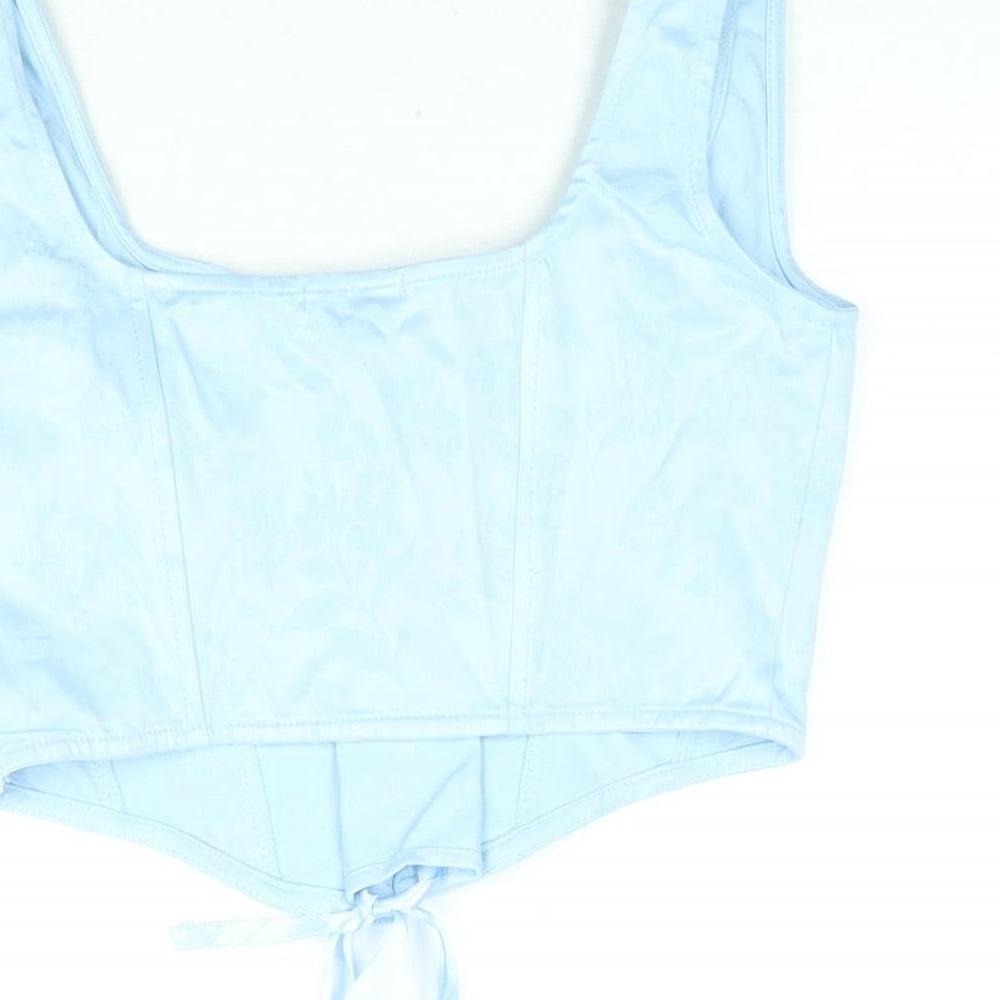 Stradivarius Womens Blue Floral Polyester Cropped Blouse Size L Scoop Neck - Lace Up Corset