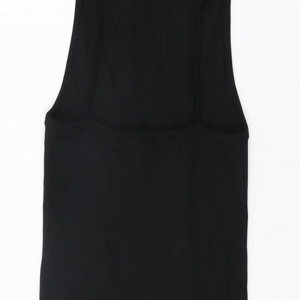 Brand and care label for ASOS women’s black cotton bodycon, size UK 8, square neck pullover