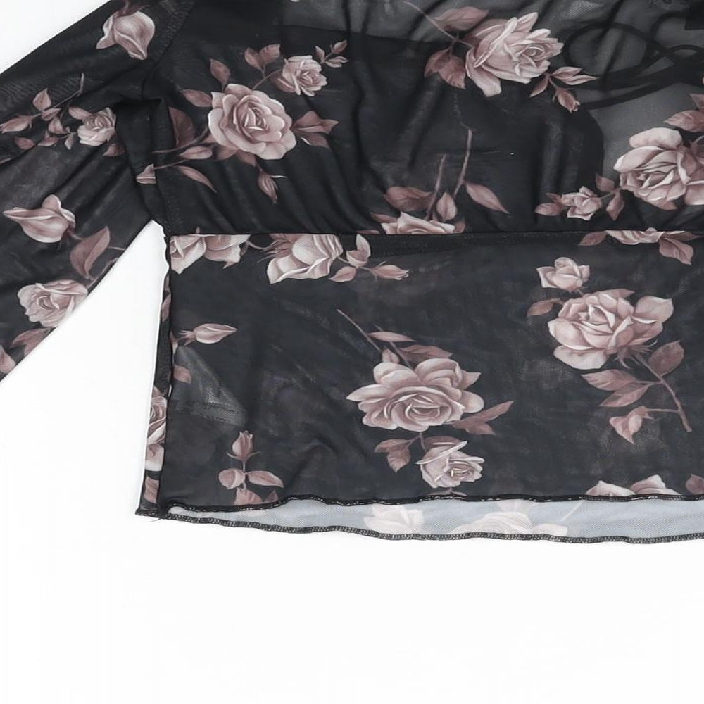 Motel Womens Black Floral Polyester Cropped T-Shirt Size M Off the Shoulder