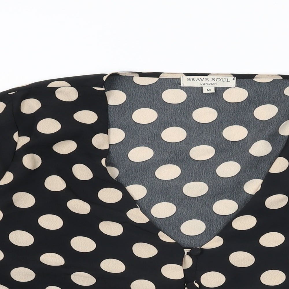 Brave Soul Womens Black Polka Dot Polyester Basic Button-Up Size M V-Neck