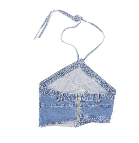 Boohoo Womens Blue Cotton Cropped Button-Up Size 12 Halter