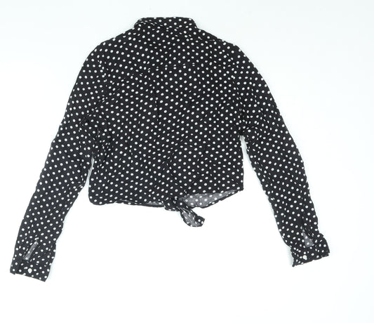 H&M Girls Black Polka Dot Viscose Basic Button-Up Size 13 Years Collared Button - Tie Detail