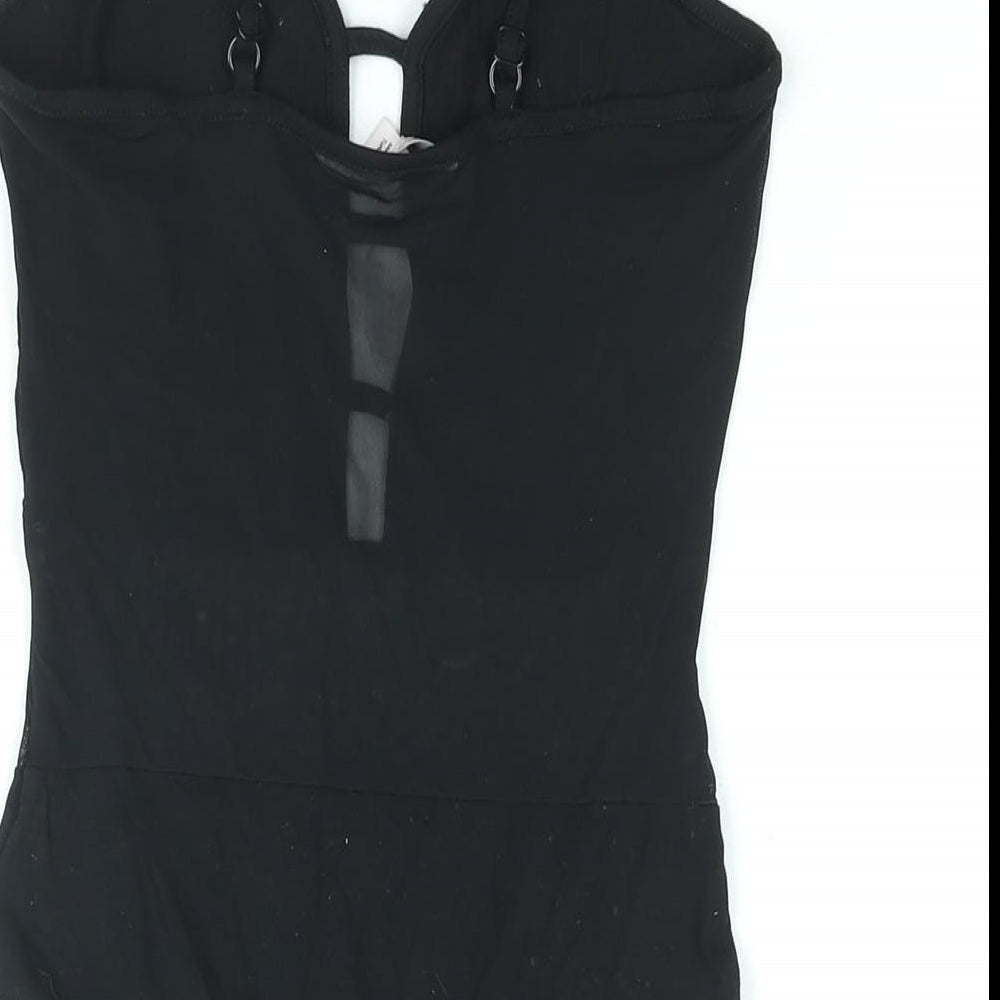 Brand and care label for Miss Selfridge women’s black viscose bodysuit one-piece, size UK 6, snap - mesh panel