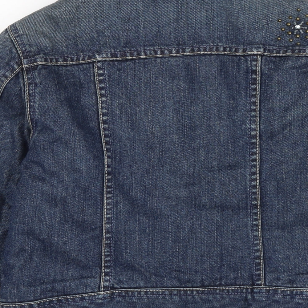 Brand and care label for Authentic Gap girls’ blue biker jacket, size L, button - jewelled detail to front.