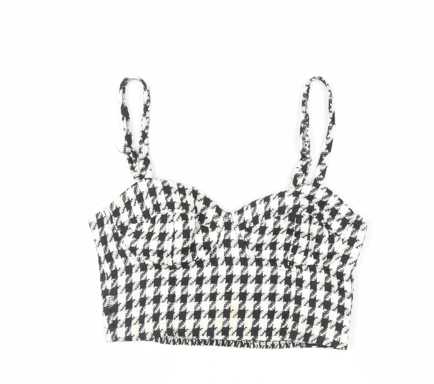 Stradivarius Womens Black Geometric Polyester Cropped Tank Size M Sweetheart - Shirred Back