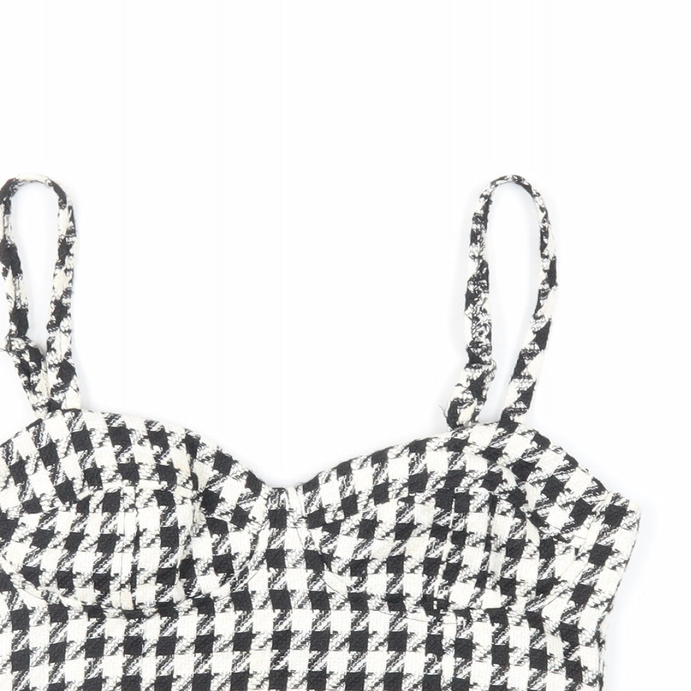 Stradivarius Womens Black Geometric Polyester Cropped Tank Size M Sweetheart - Shirred Back