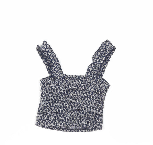 Hollister Womens Blue Geometric Viscose Cropped Tank Size XS Square Neck - Shirred