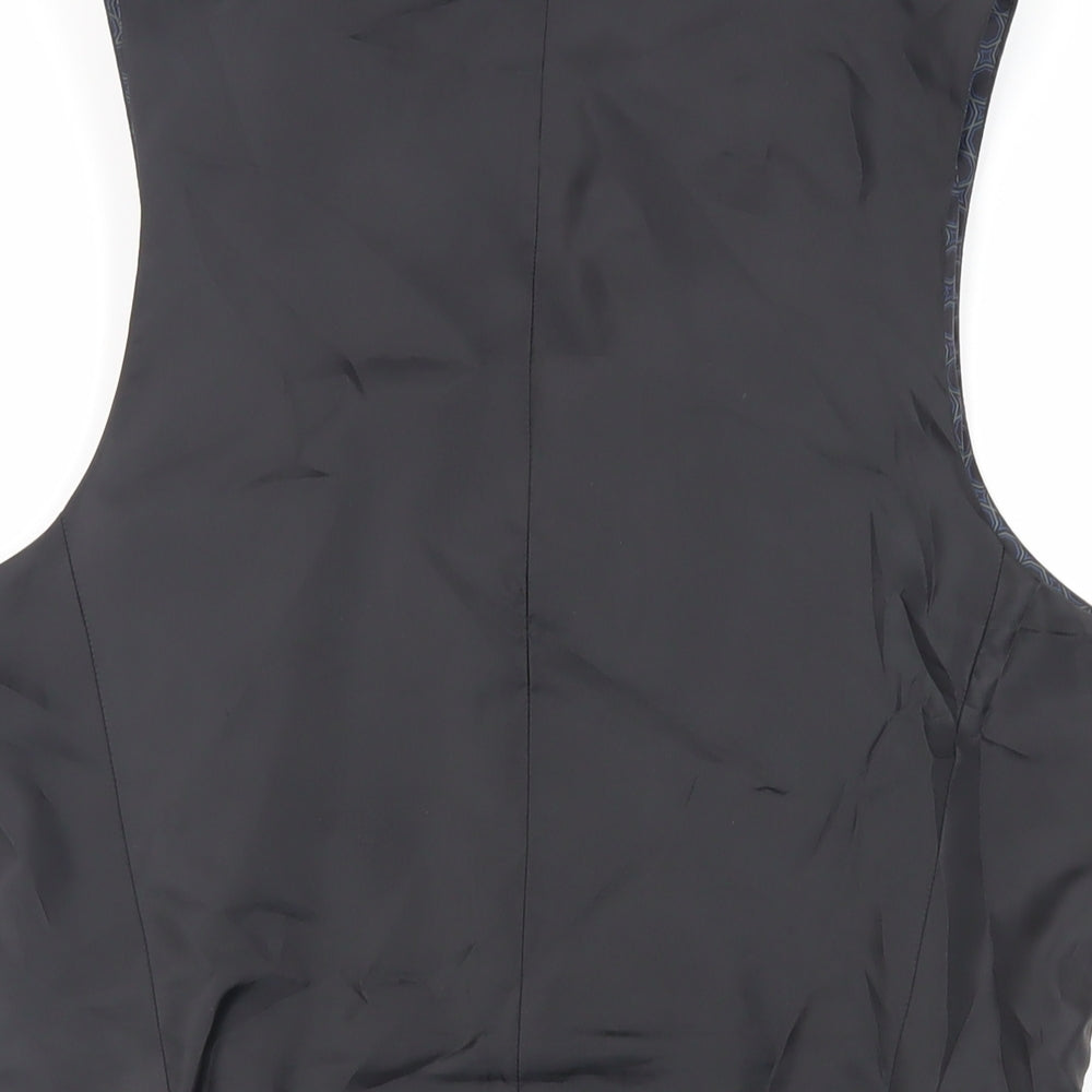 Brand and care label for ASOS men’s grey polyester jacket suit waistcoat, size 38, regular