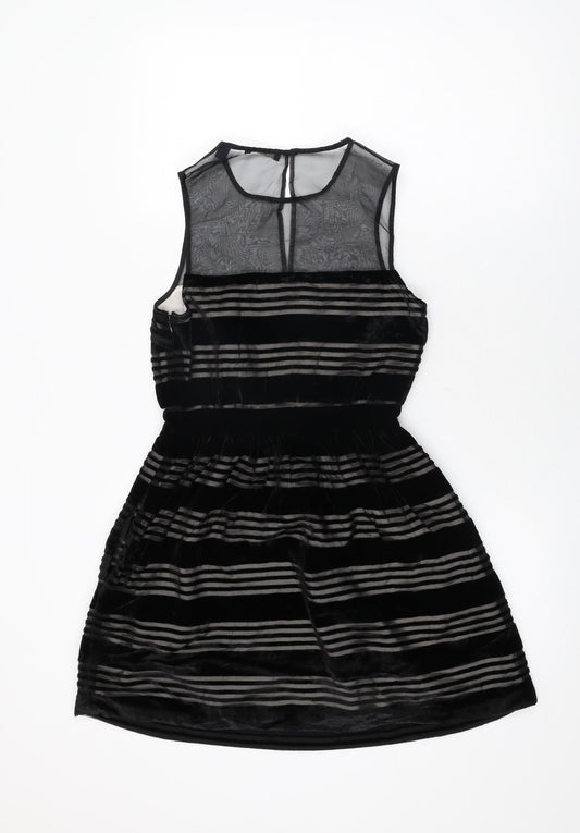 Jack Wills Womens Black Striped Viscose Skater Dress Size 6 Round Neck Zip