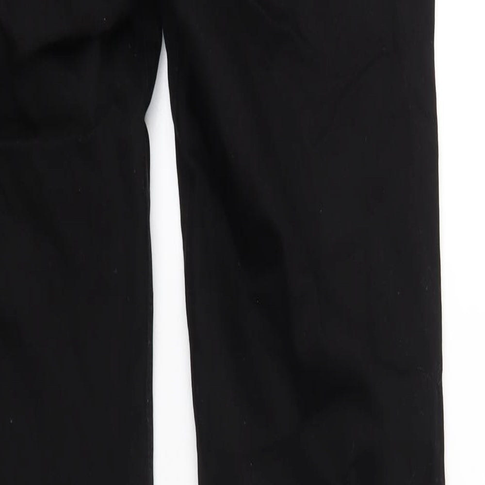 Brand and care label for ASOS men’s black cotton skinny jeans, size 32, in, 34-inch leg regular zip