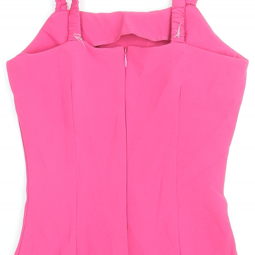 Brand and care label for Missguided women’s pink polyester bodycon, size UK 6, square neck zip