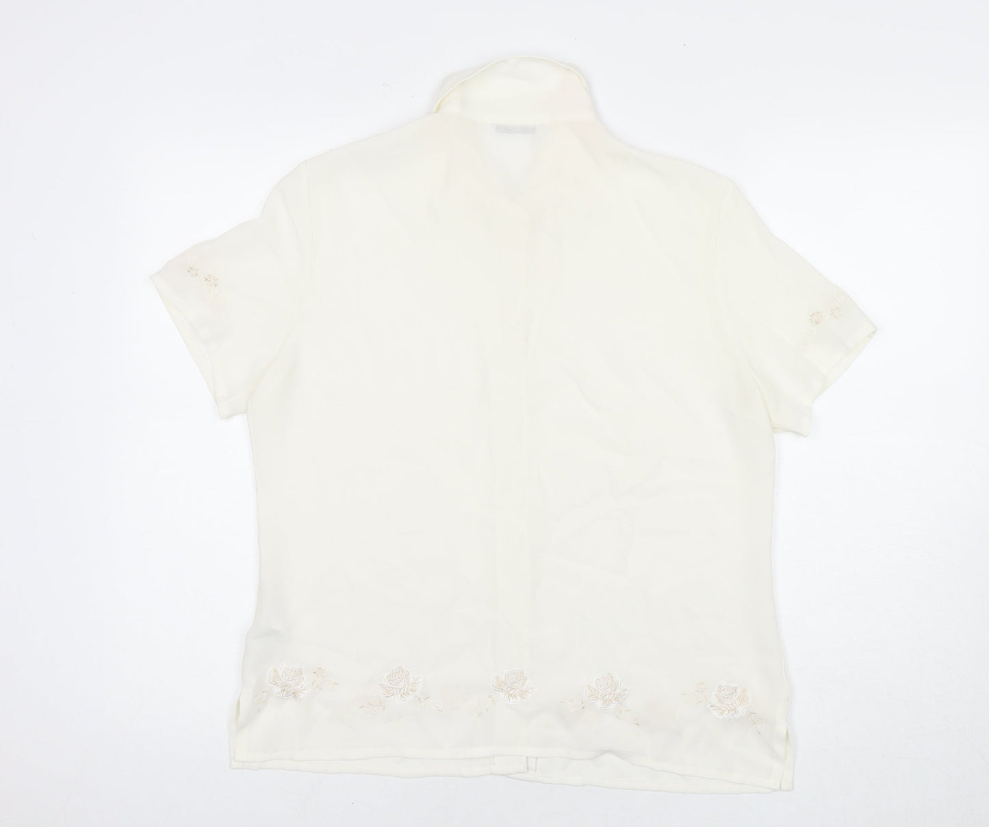 St Michael Womens White Polyester Basic Button-Up Size 14 Collared - Embraided Flowers