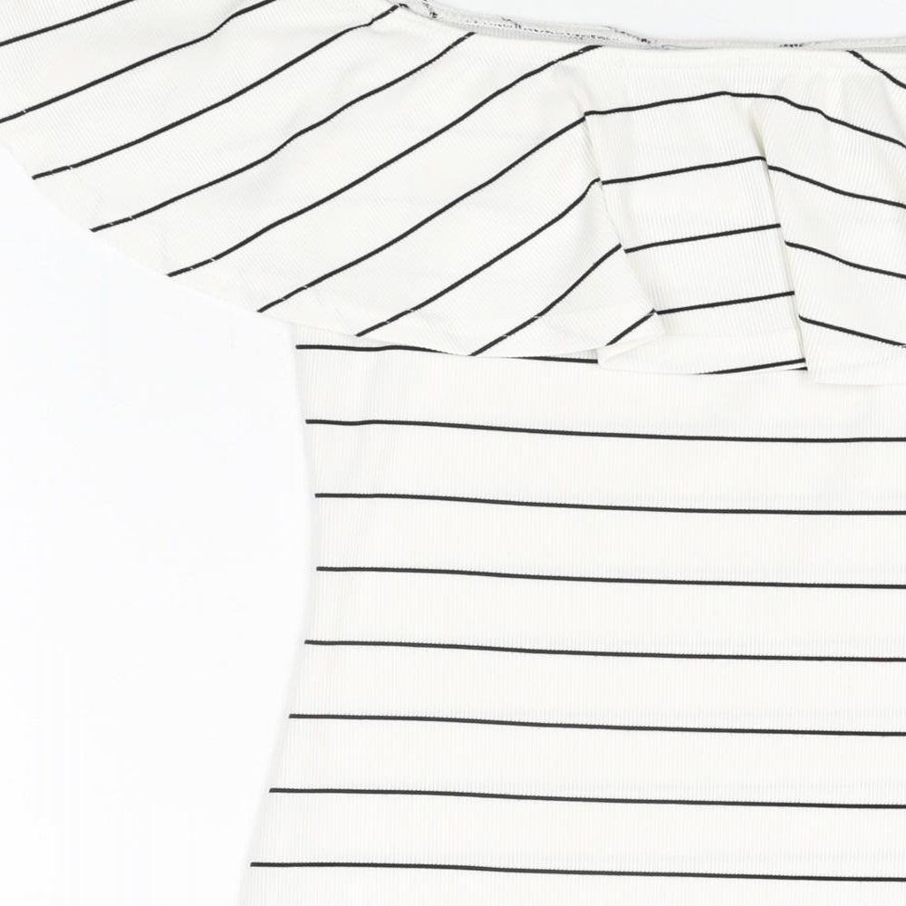 Brand and care label for Missguided women’s white striped polyester bodycon, size UK 8, off the shoulder pullover