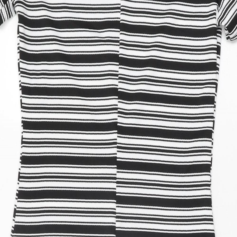 Brand and care label for I SAW IT FIRST women’s white striped polyester bodycon, size UK 8, round neck pullover