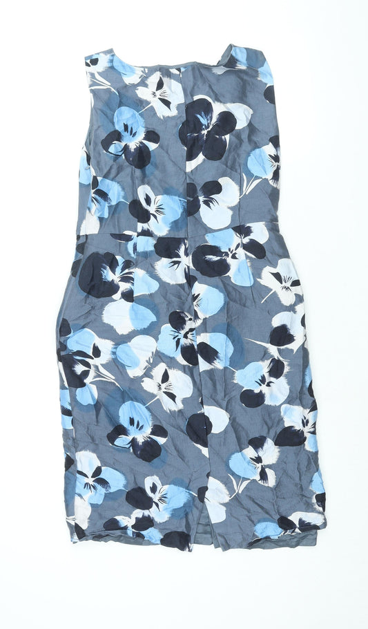 Fenn Wright Manson Womens Blue Floral Silk Pencil Dress Size 12 V-Neck Zip