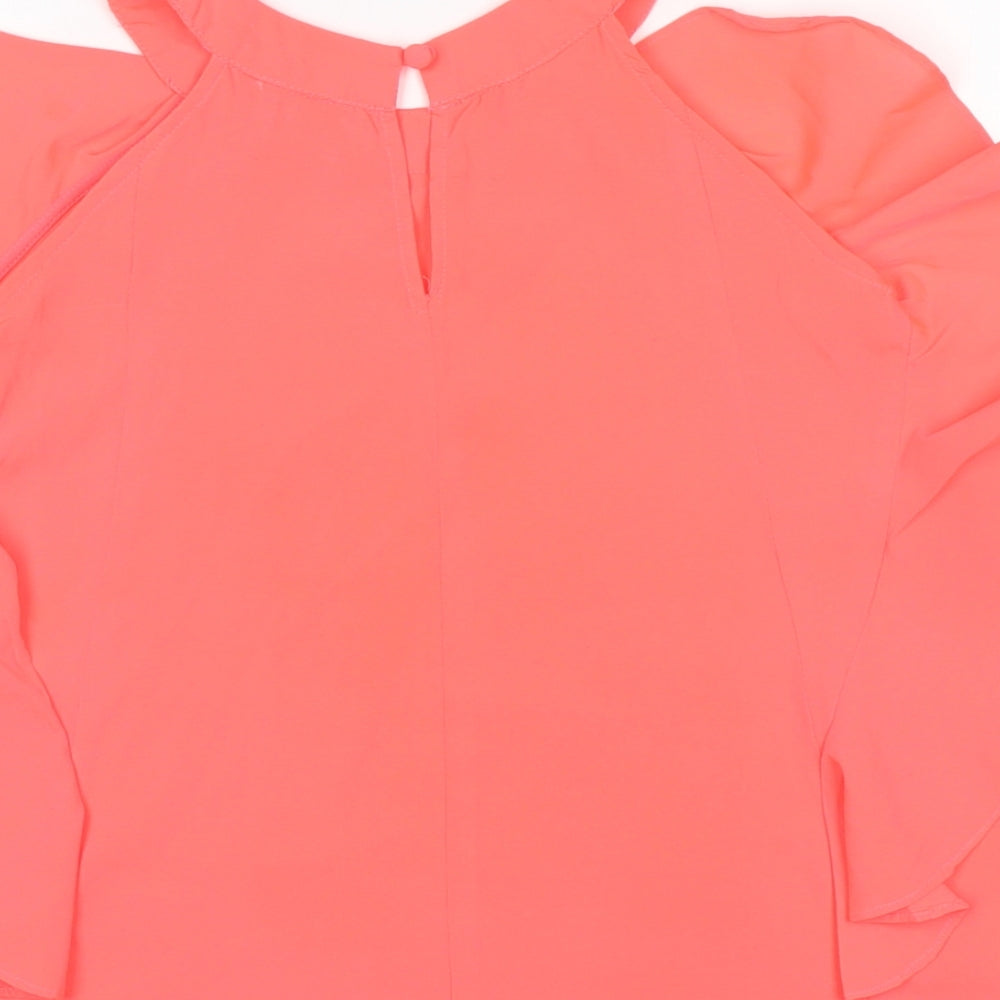 Brand and care label for French Connection girls’ pink polyester a-line, size 8-9, years crew neck button
