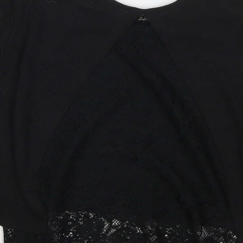Brand and care label for Miss Selfridge women’s black polyester basic t-shirt, size UK 10, round neck