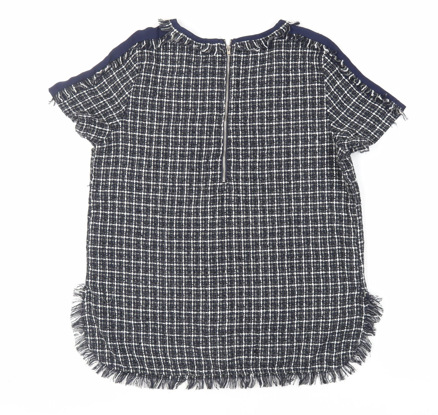 Kilibbi Womens Blue Plaid Polyester Basic Blouse Size M Round Neck - Fringe Detail