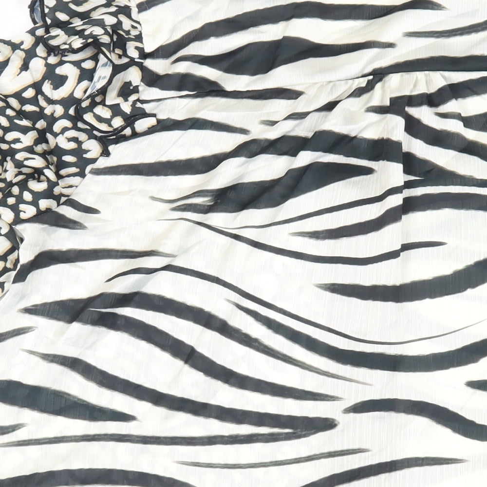 Brand and care label for Kaleidoscope women’s black animal print polyester basic button-up, size UK 10, v-neck