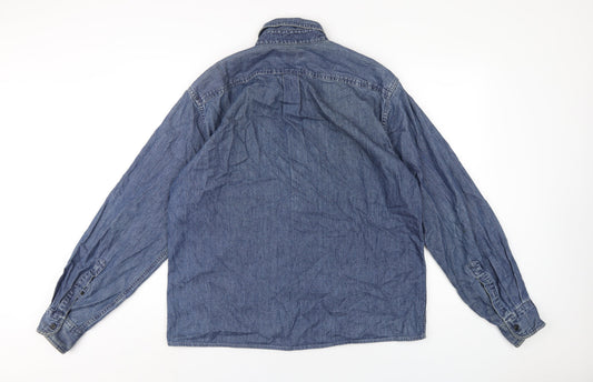 Lands' End Mens Blue Cotton Button-Up Size M Collared Button