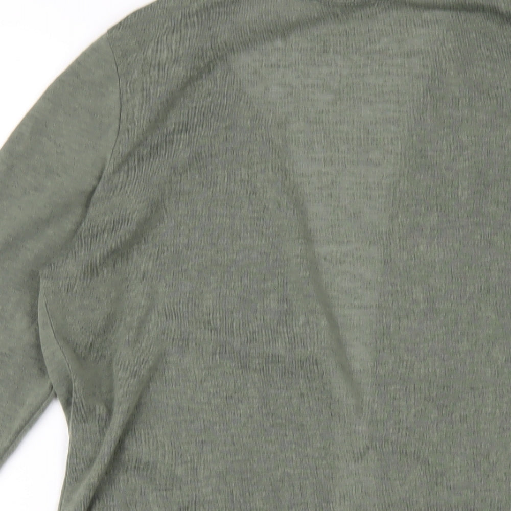 Brand and care label for Principles women’s green v-neck polyester cardigan jumper, size UK 12