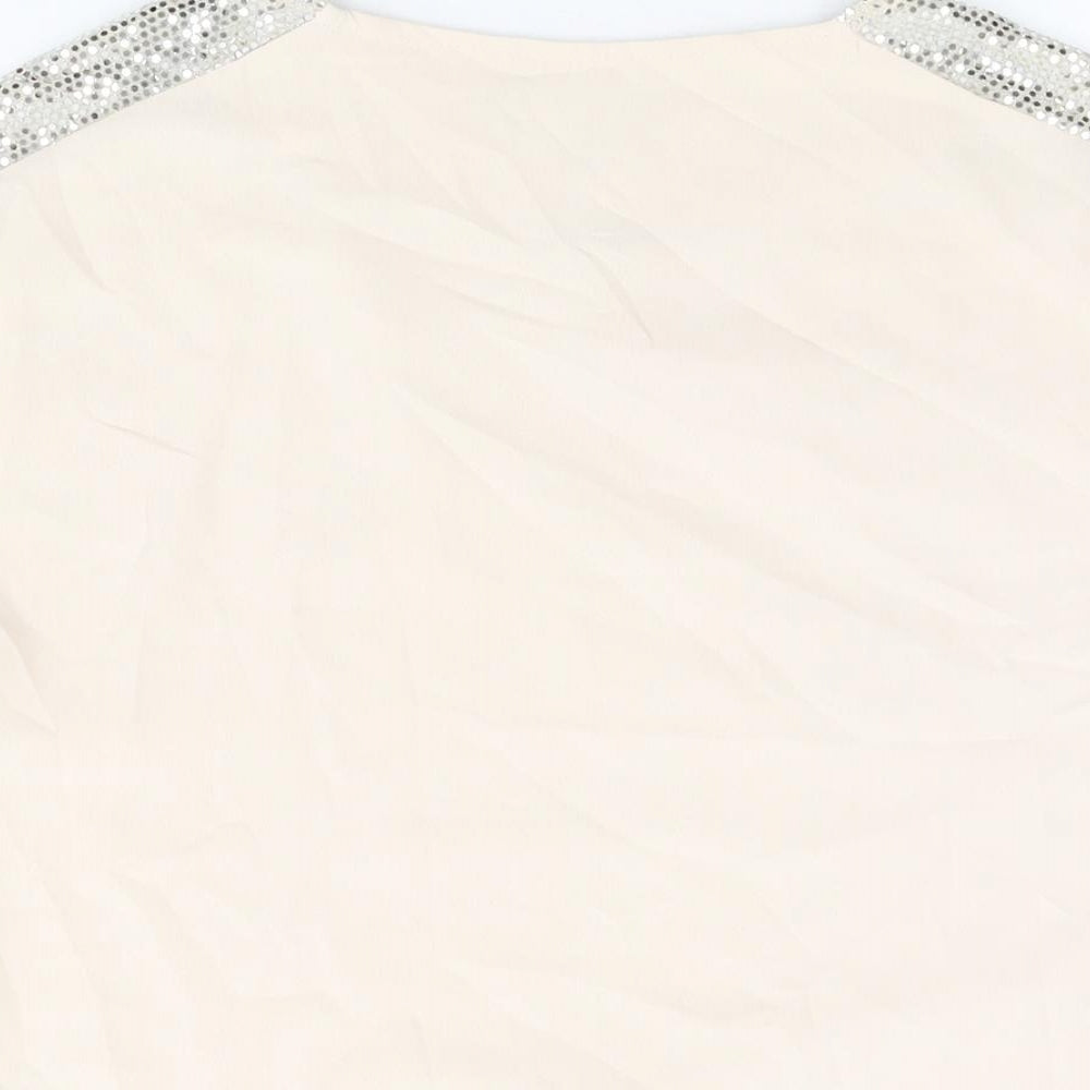 Dorothy Perkins Womens Beige Polyester Basic T-Shirt Size 8 Round Neck - Sparkle detail on sleeves