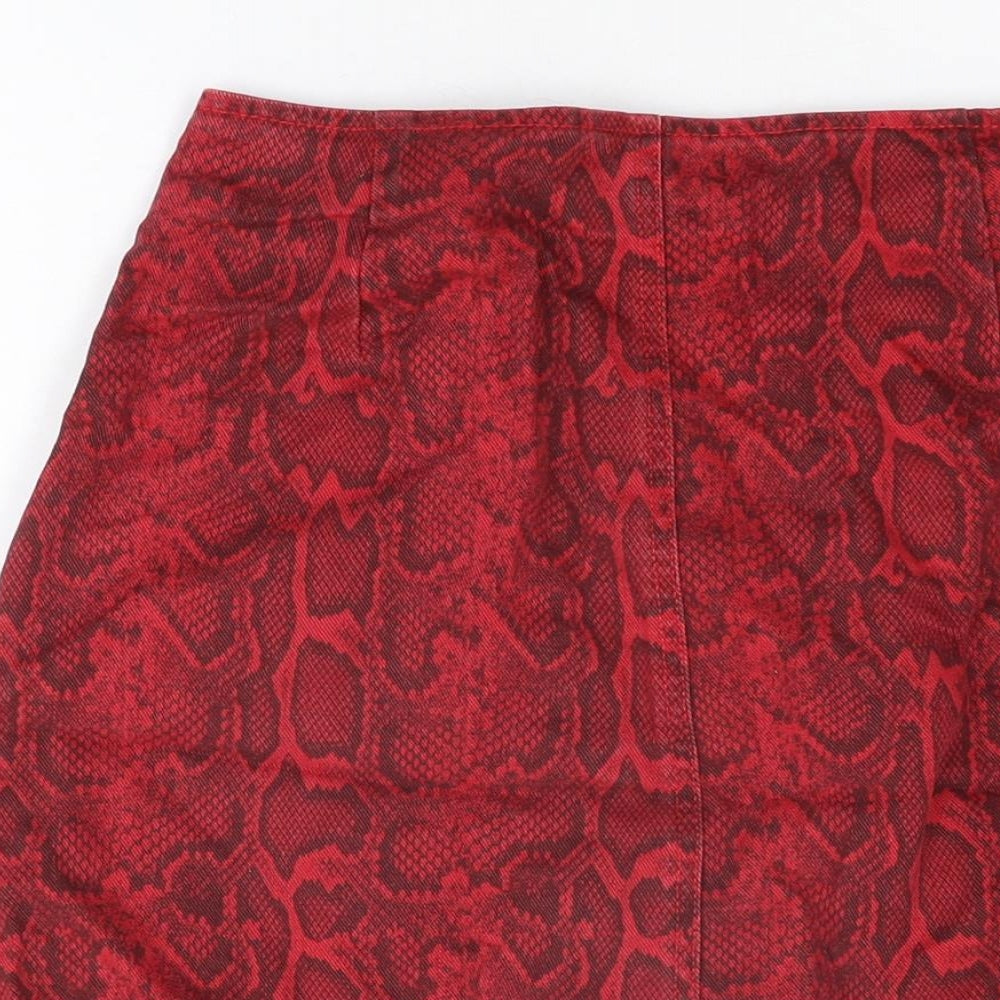Brand and care label for /Denim women’s red animal print cotton mini skirt, size UK 8, button
