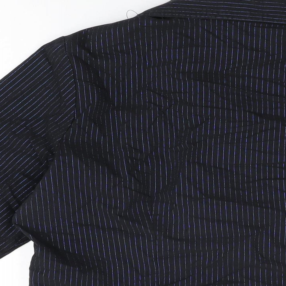 Brand and care label for E-vie women’s black striped cotton basic t-shirt, size UK 16, collared