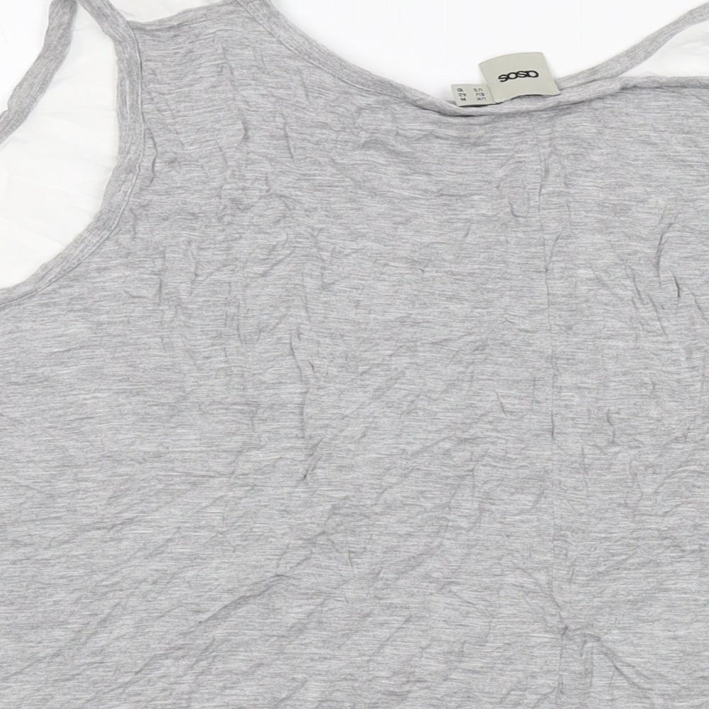 Brand and care label for ASOS women’s grey polyester basic tank, size UK 14, round neck