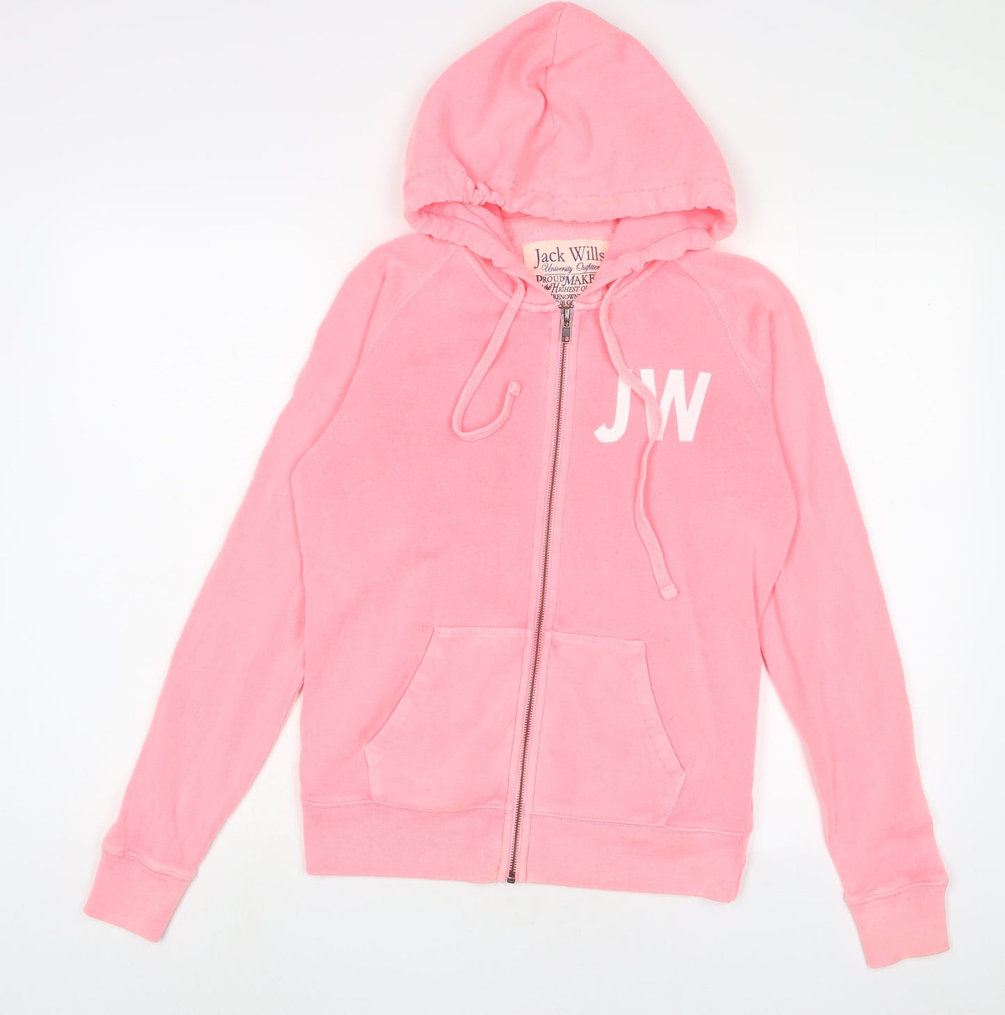 Jack Wills Womens Pink Cotton Full Zip Hoodie Size 12 Zip