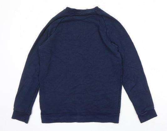 Back view of Addidas men’s blue cotton pullover sweatshirt, size S