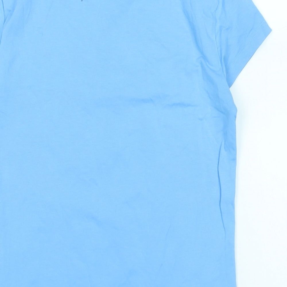 Brand and care label for Doraemon girls’ blue cotton basic t-shirt, size XS, crew neck