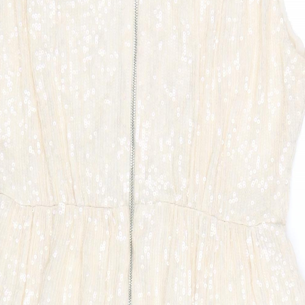Brand and care label for French Connection women’s ivory polyester a-line, size UK 14, v-neck zip - sequin