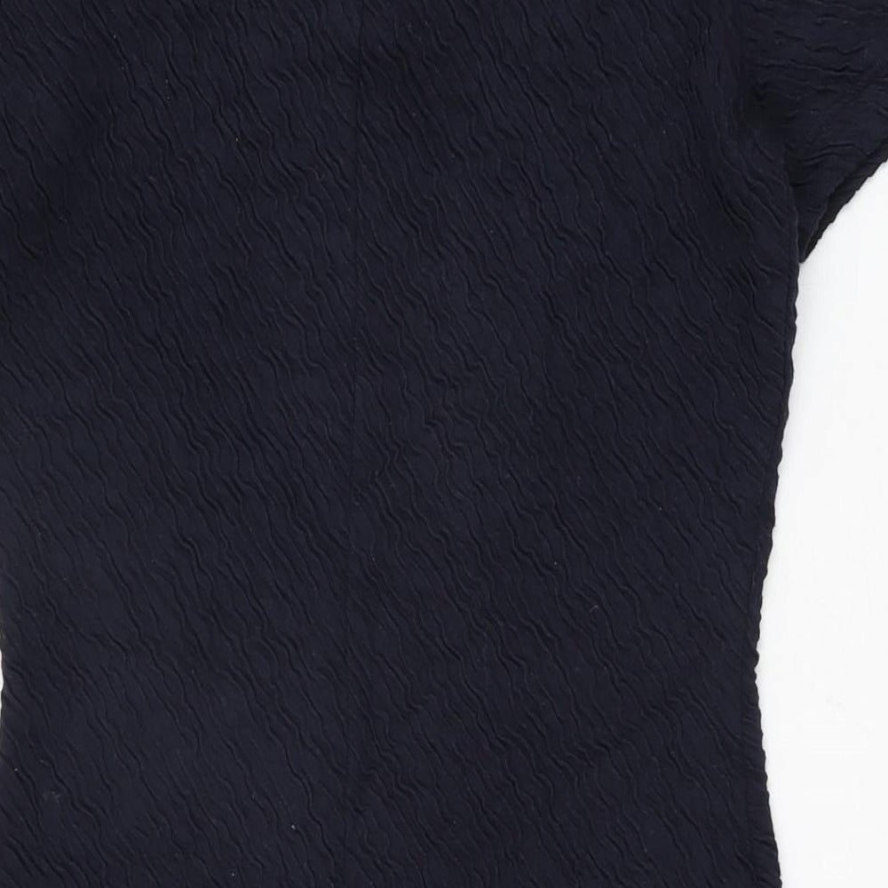 Brand and care label for French Connection women’s blue viscose shift, size UK 8, round neck zip