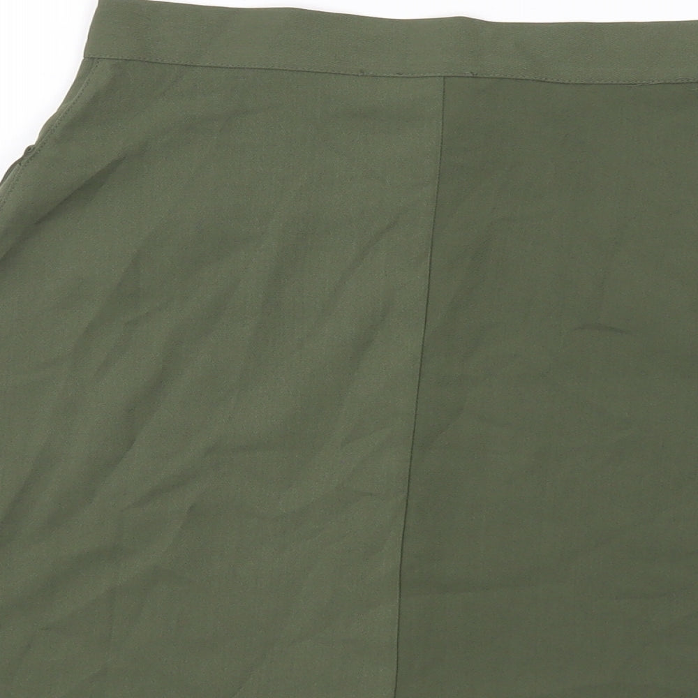 Brand and care label for ASOS women’s green polyester a-line skirt, size UK 8, button