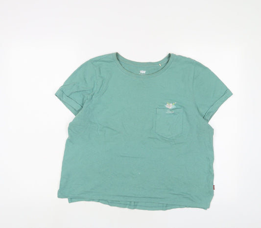 Levi's Womens Green Cotton Cropped T-Shirt Size M Crew Neck - Logo, Embroidered