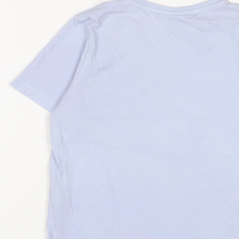 Brand and care label for Disney girls’ blue cotton basic t-shirt, size 8-9, years crew neck pullover - mickey mouse