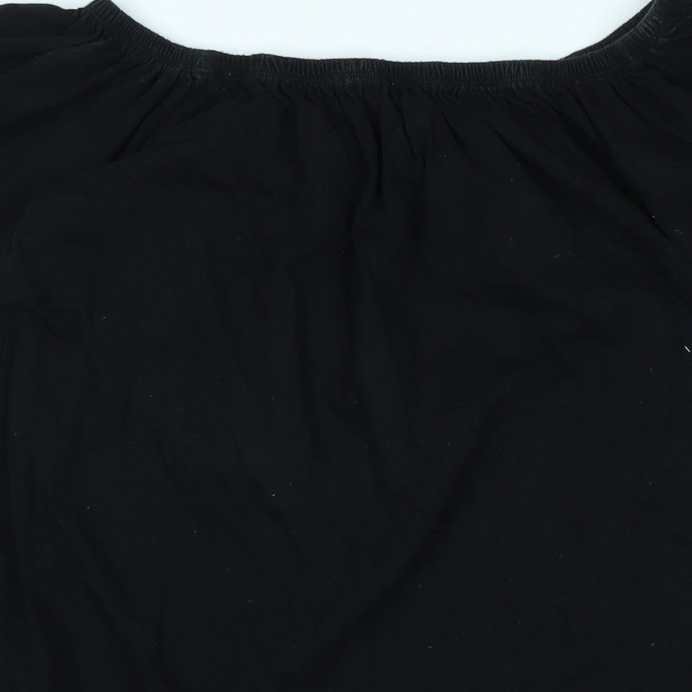 Brand and care label for ASOS women’s black cotton basic blouse, size UK 12, off the shoulder
