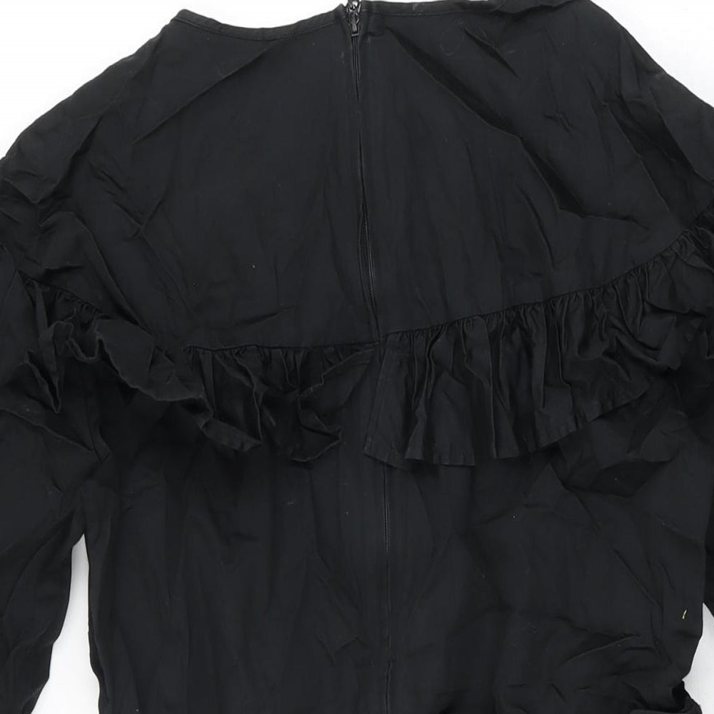 H&M Womens Black Cotton Skater Dress Size 8 Round Neck Zip - Frill Detail