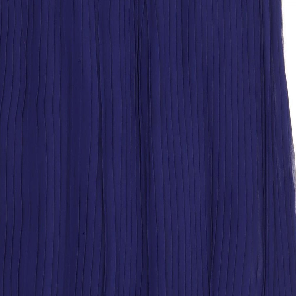 Brand and care label for French Connection women’s blue polyester a-line, size UK 14, sweetheart zip